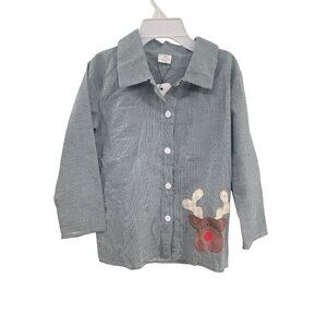 Kids Green Gingham Button-Up Shirt W/Reindeer Applique Long Sleeve Size 6/7